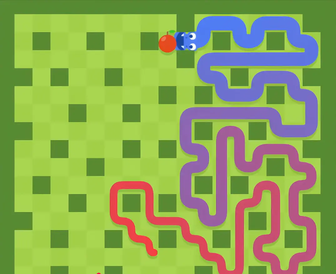 Múltiples serpientes jugando Google Snake mostrando estrategias avanzadas